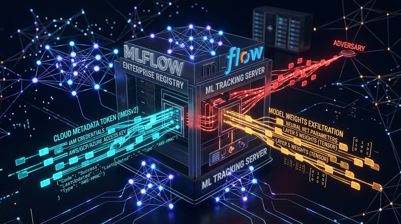 3D conceptual editorial illustration of MLflow enterprise AI model registry undergoing Server-Side Request Forgery SSRF attack exfiltrating cloud IAM tokens
