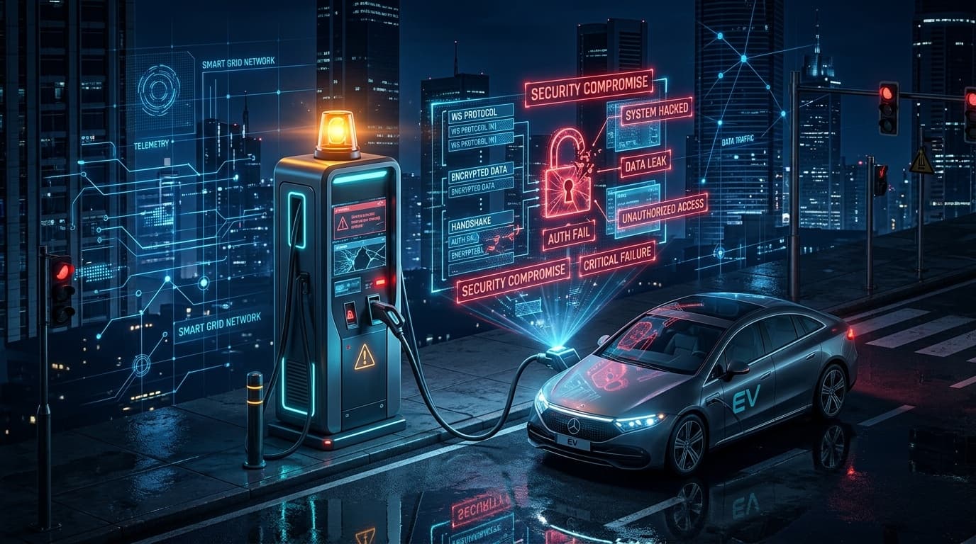 3D conceptual cybernetic illustration of EV fast-charging kiosk with broken security lock, glowing WebSocket telemetry, and dark city skyline