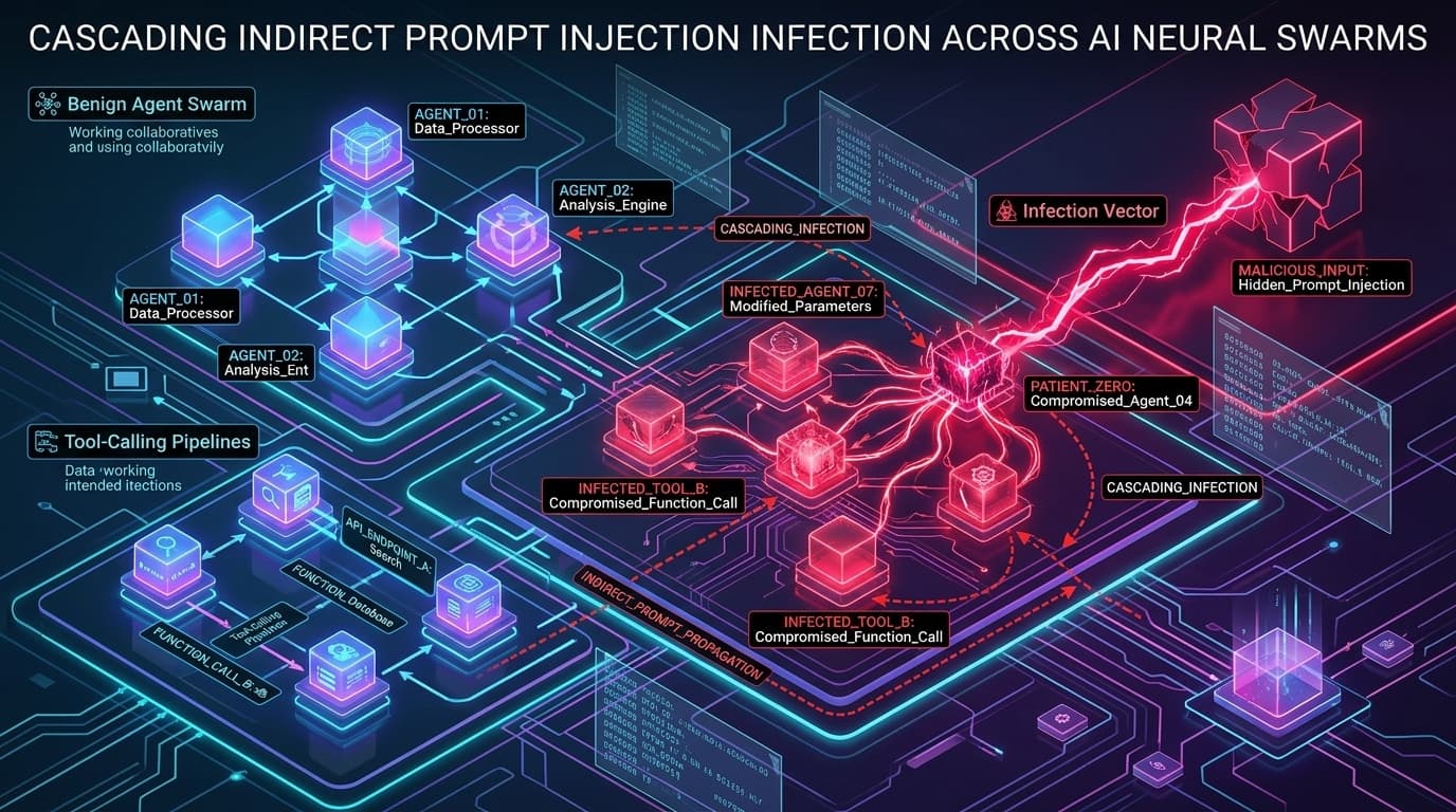 3D conceptual isometric cybernetic technical editorial illustration of multi-agent AI neural swarms, autonomous AI agents interacting via tool-calling pipelines, cascading indirect prompt injection infection