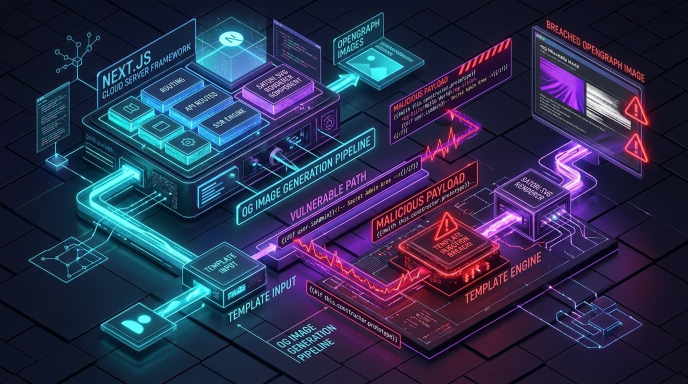 3D conceptual isometric cybernetic technical editorial illustration of Next.js cloud server framework, Satori SVG vector renderer component, OpenGraph image generation pipeline undergoing template injection breach