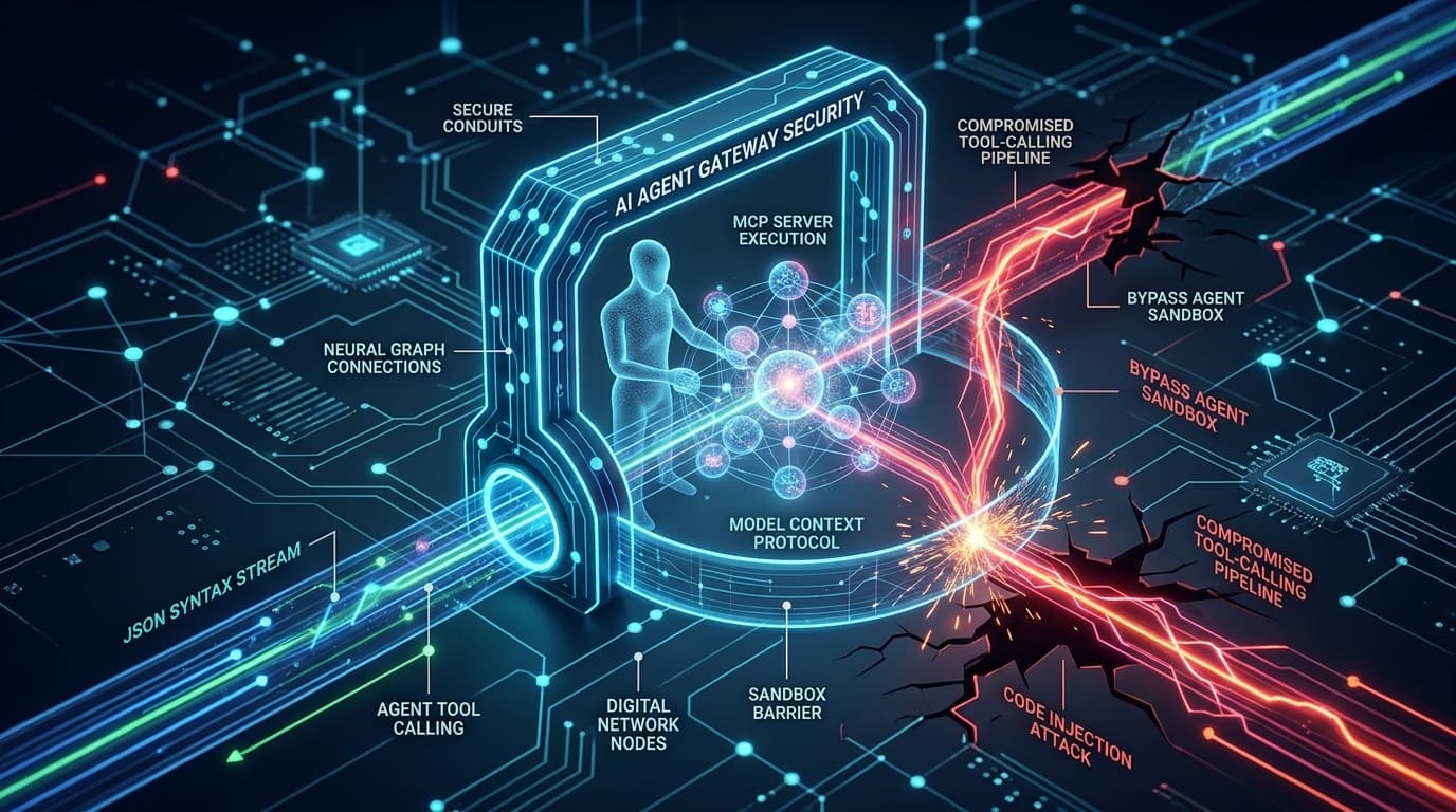 3D isometric cybernetic technical editorial illustration of Nginx UI server console undergoing unauthenticated Model Context Protocol tool execution breach