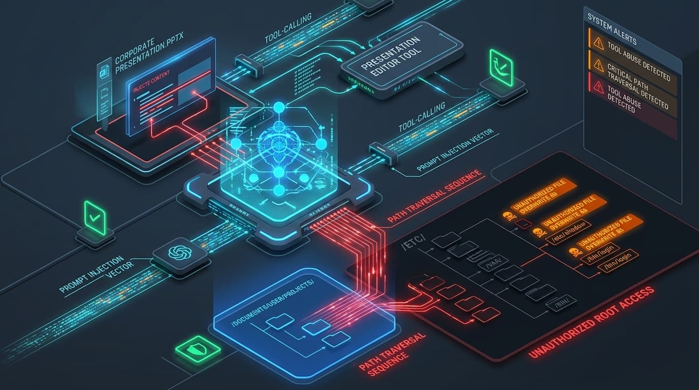 3D cybernetic illustration of Model Context Protocol AI agent tool-calling pipeline and path traversal file escape