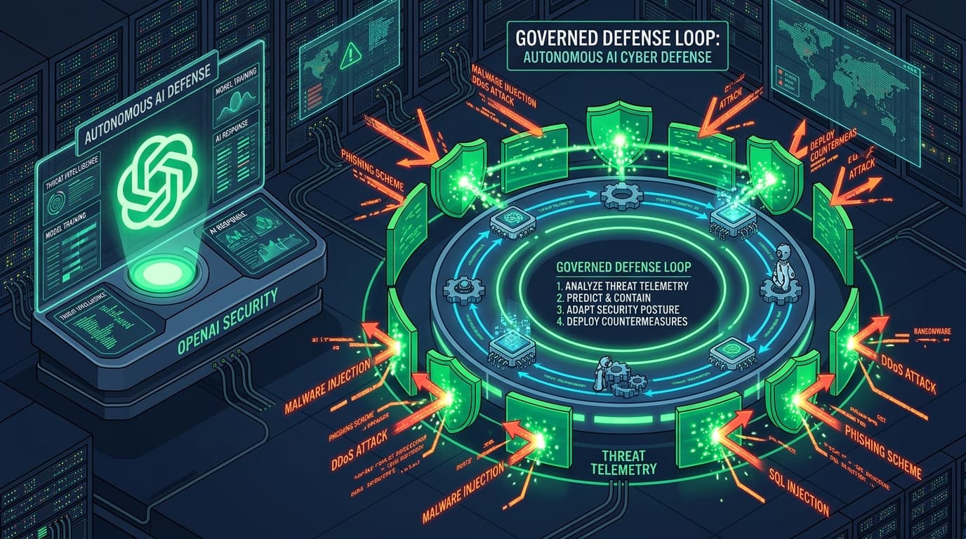 OpenAI Daybreak autonomous cyber defense console with governed threat detection loop and barrier shields