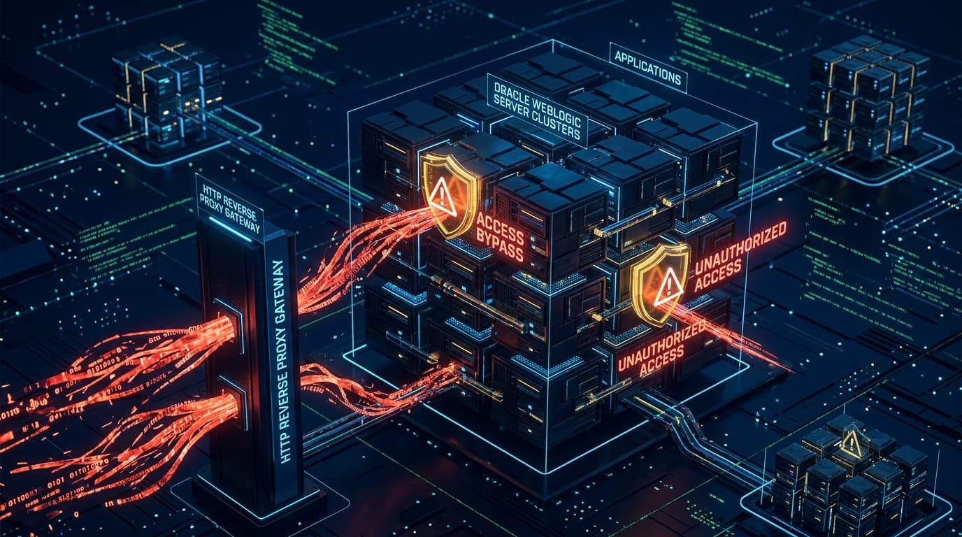 3D conceptual editorial illustration of Oracle WebLogic Server cluster undergoing reverse proxy plug-in access control bypass attack with unauthorized traffic streams