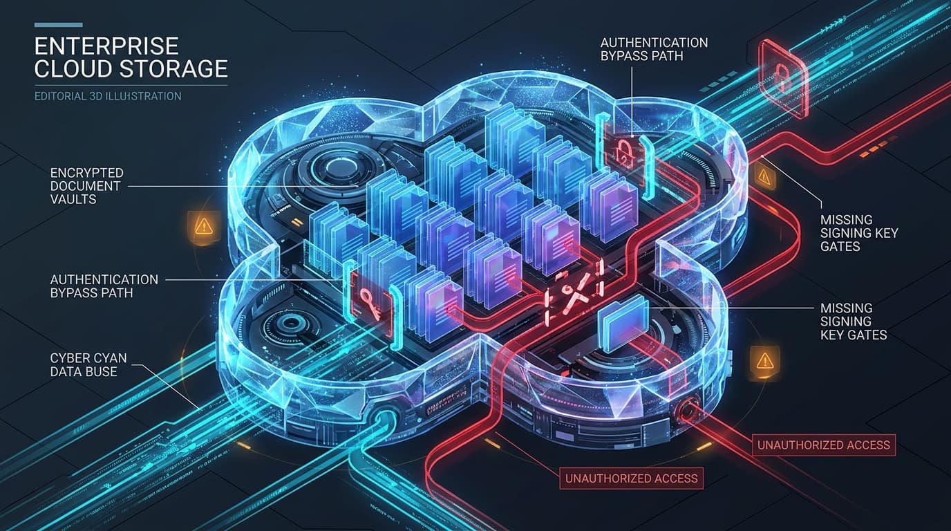 3D conceptual illustration of enterprise cloud file repository undergoing authentication bypass attack circumventing missing cryptographic signing key gates