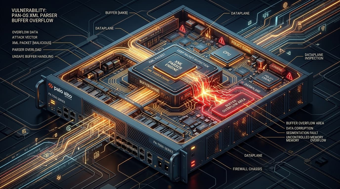 3D conceptual isometric cybernetic technical editorial illustration of Palo Alto Networks enterprise firewall chassis, PAN-OS XML parser buffer overflow vulnerability