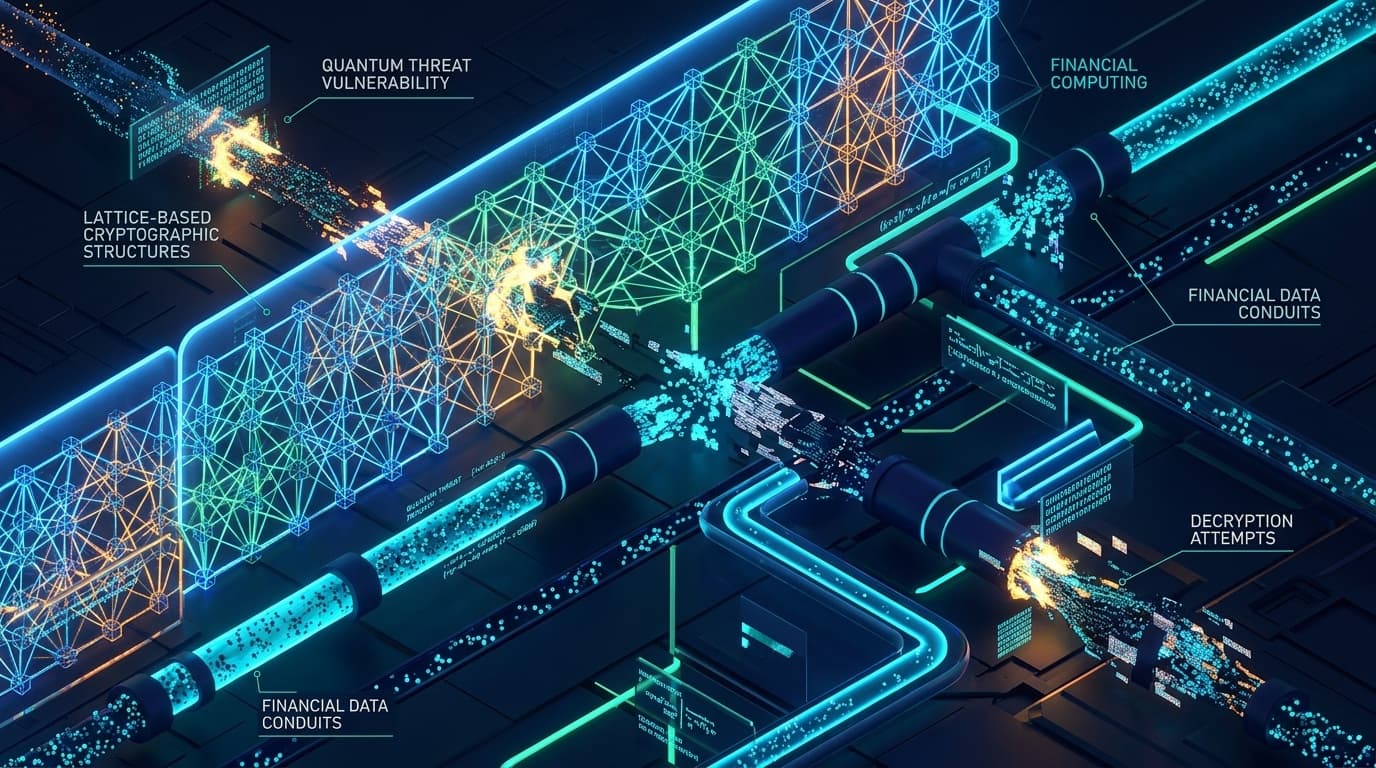 3D conceptual isometric cybernetic technical editorial illustration of quantum computing cryptographic threat, glowing lattice-based cryptography structures, and bank financial clearing conduits