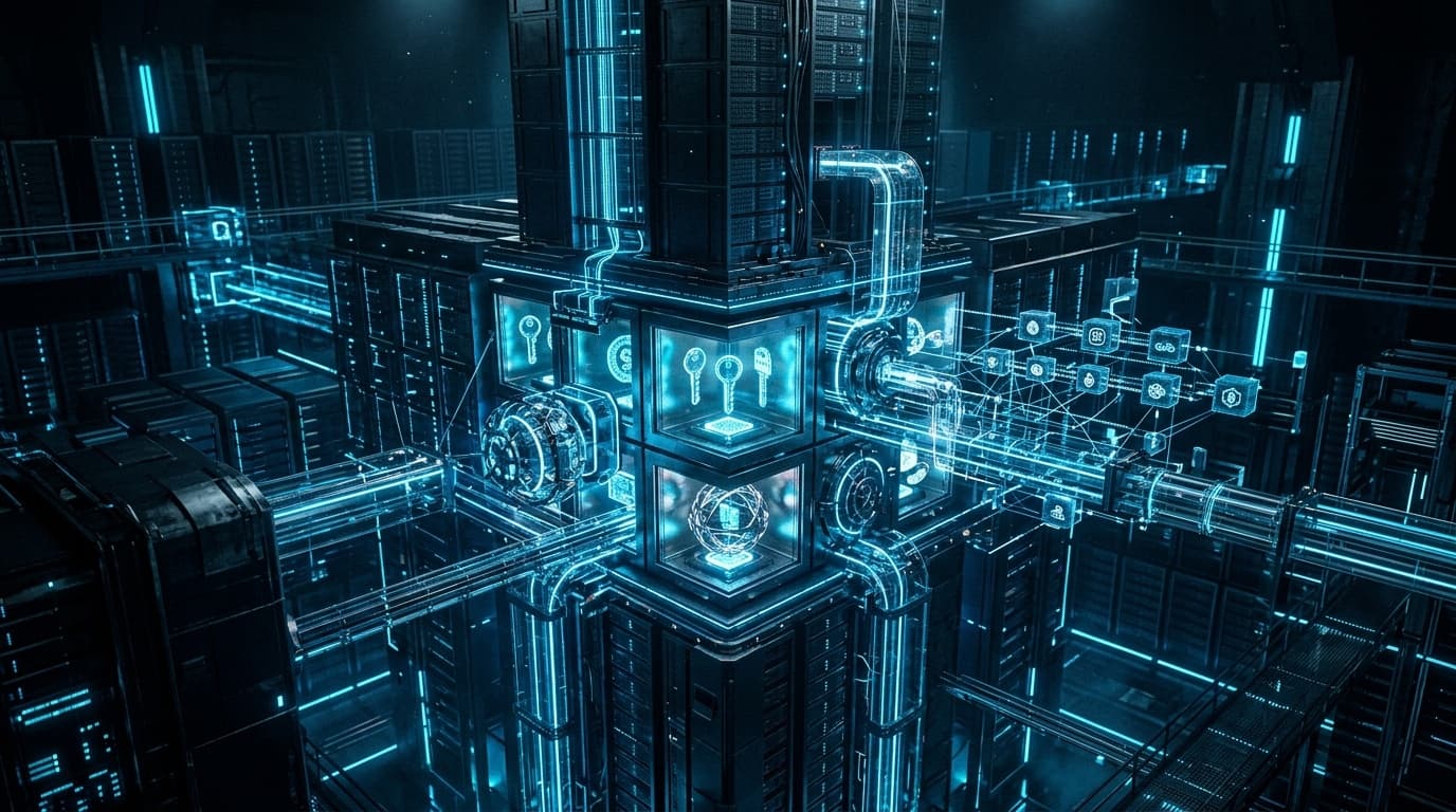 High-tech 3D conceptual cybernetic illustration of an enterprise banking artifact repository and central bank blockchain ledger nexus with digital token vaults