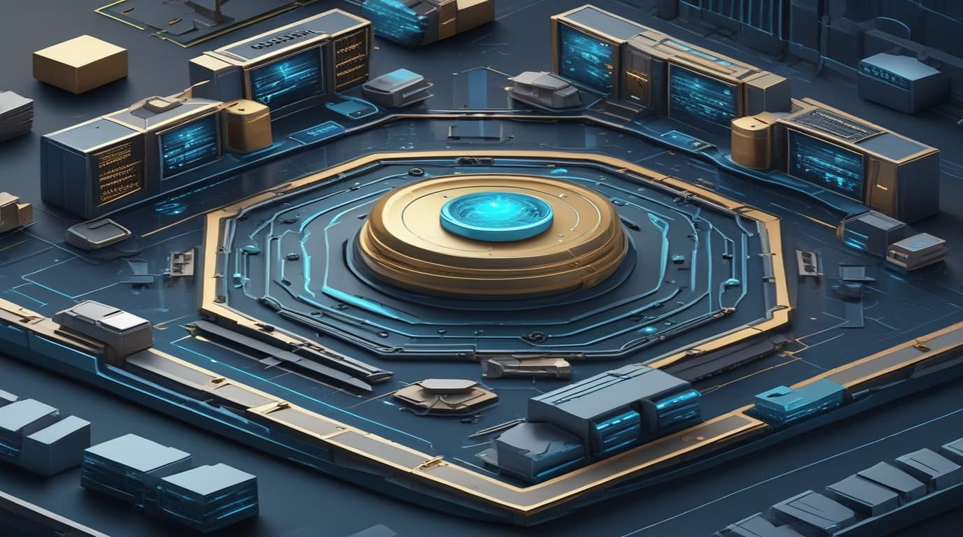 High-tech 3D conceptual cybernetic illustration of an enterprise banking IT governance framework and secure financial vault network
