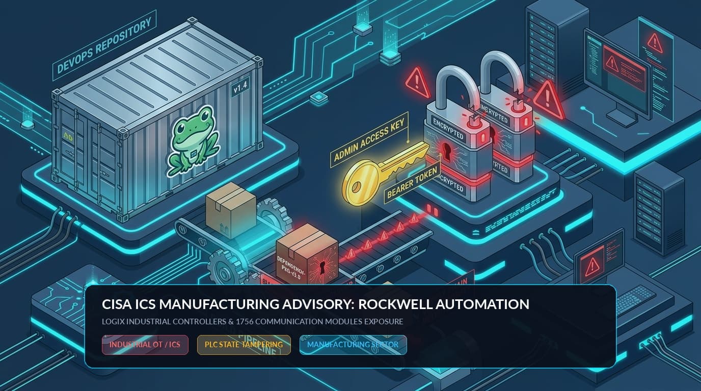 3D conceptual illustration of CISA manufacturing ICS advisory showing industrial PLC automation conveyor line with cryptographic lock integrity inspection