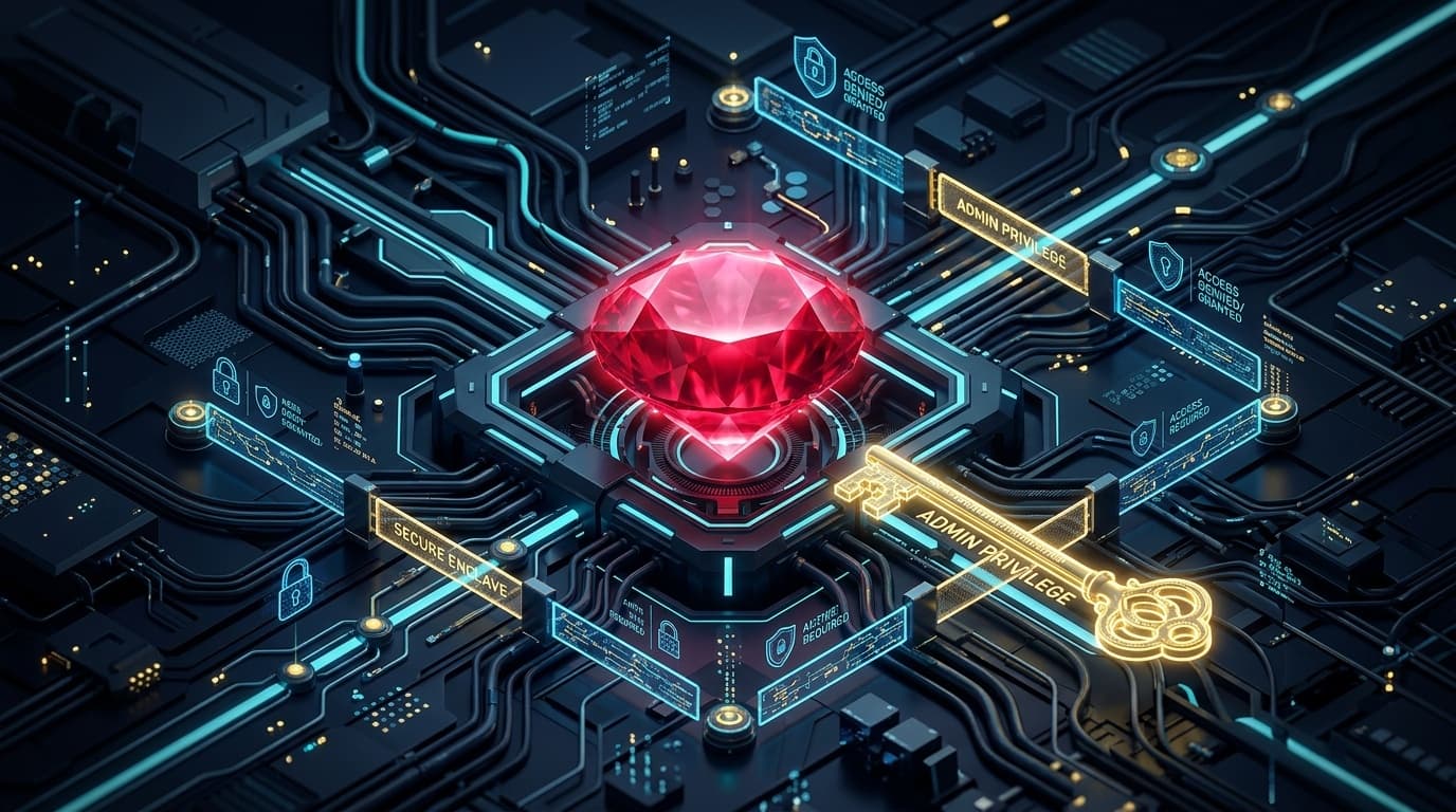 3D architectural visualization of a ruby gemstone faceted crystal network with unauthorized privilege elevation conduits penetrating access control boundaries