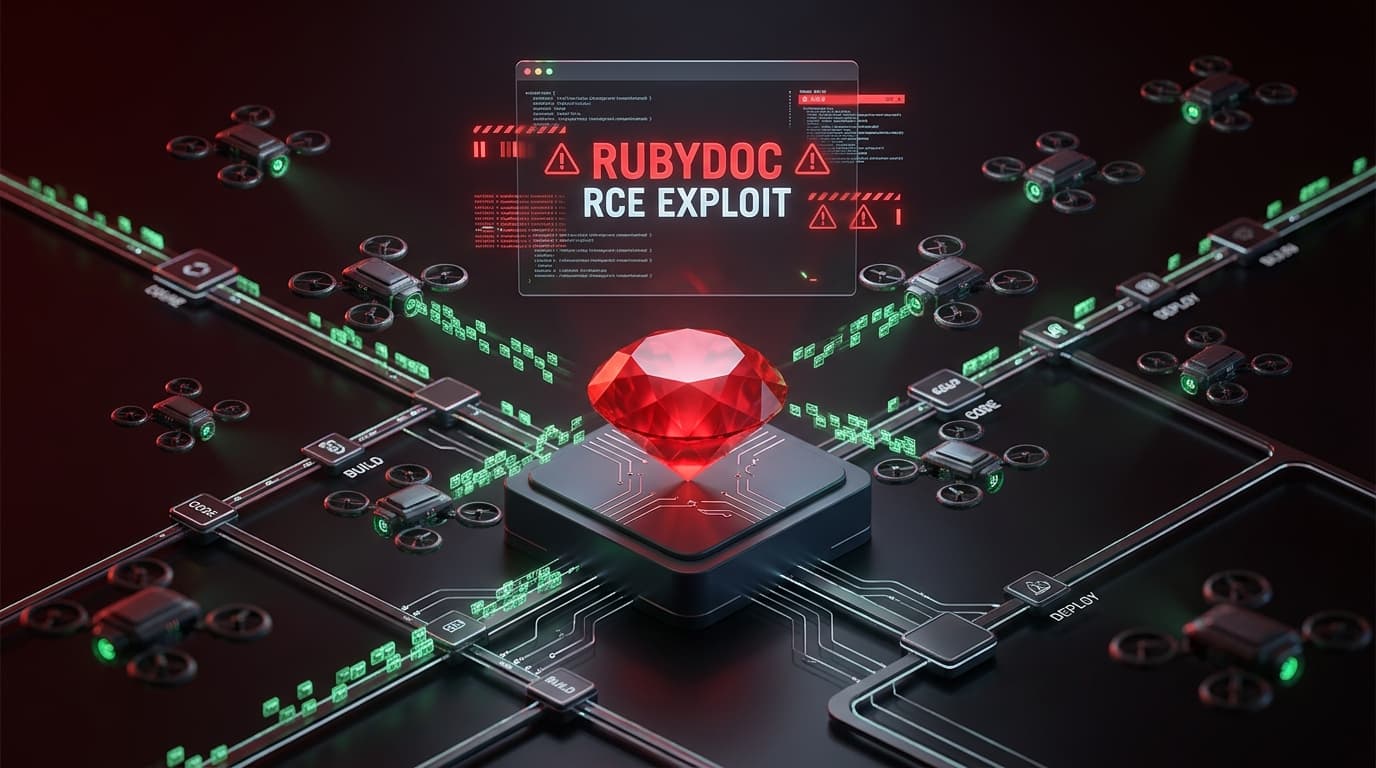 RubyGems diamond logo floating above an autonomous OpenAI agent swarm exfiltrating documentation data from cloud servers