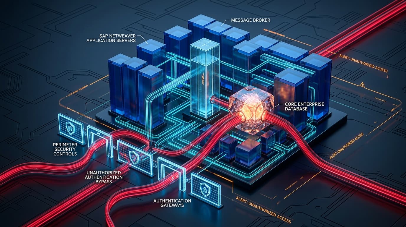 3D conceptual illustration of SAP NetWeaver enterprise ERP architecture showing unauthorized authentication bypass penetrating core application server cluster