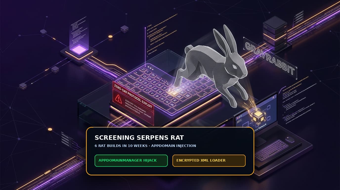 3D isometric illustration of Screening Serpens RAT AppDomainManager injection and encrypted config loading