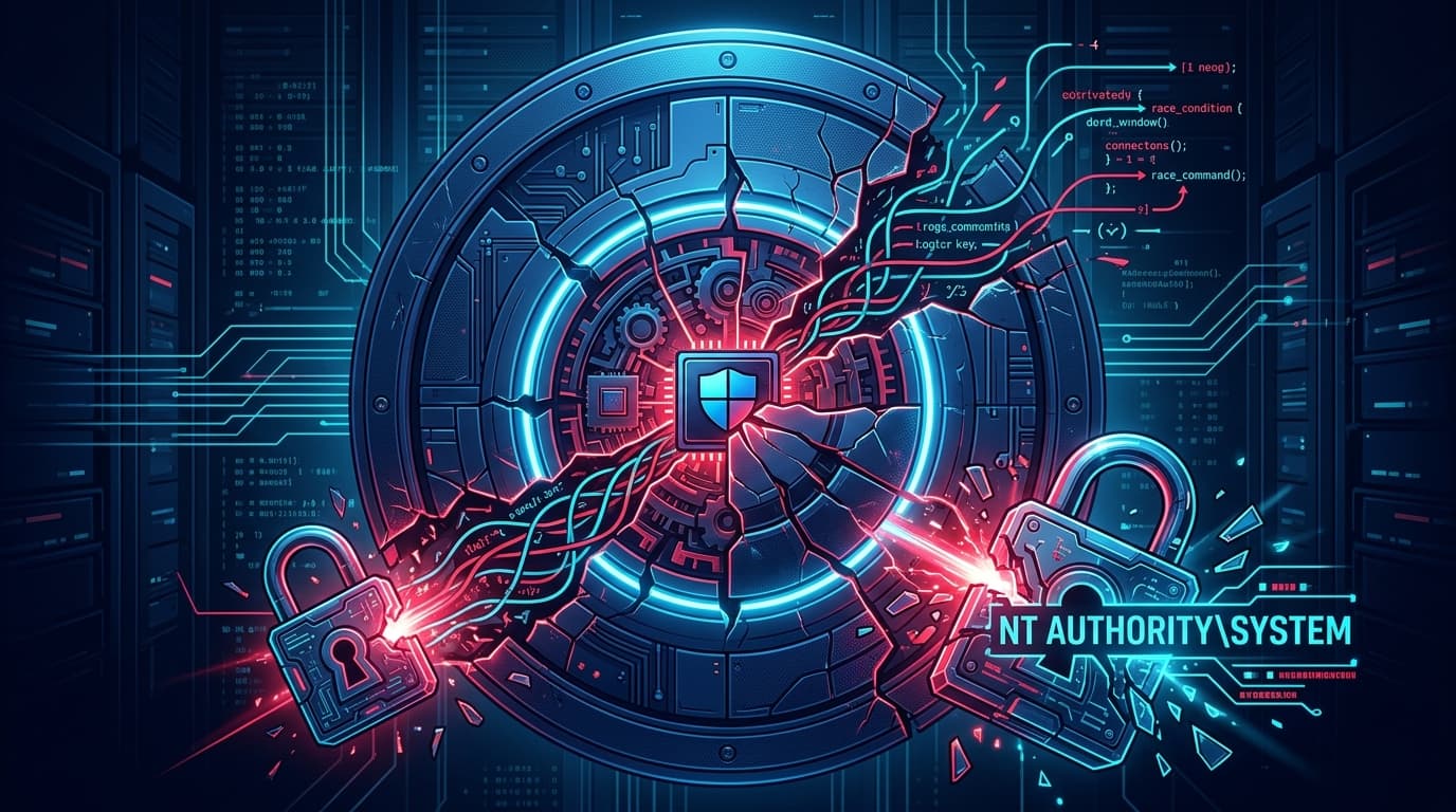 3D technical illustration of fractured Microsoft Defender security shield and race condition threads exposing NT AUTHORITY SYSTEM core access