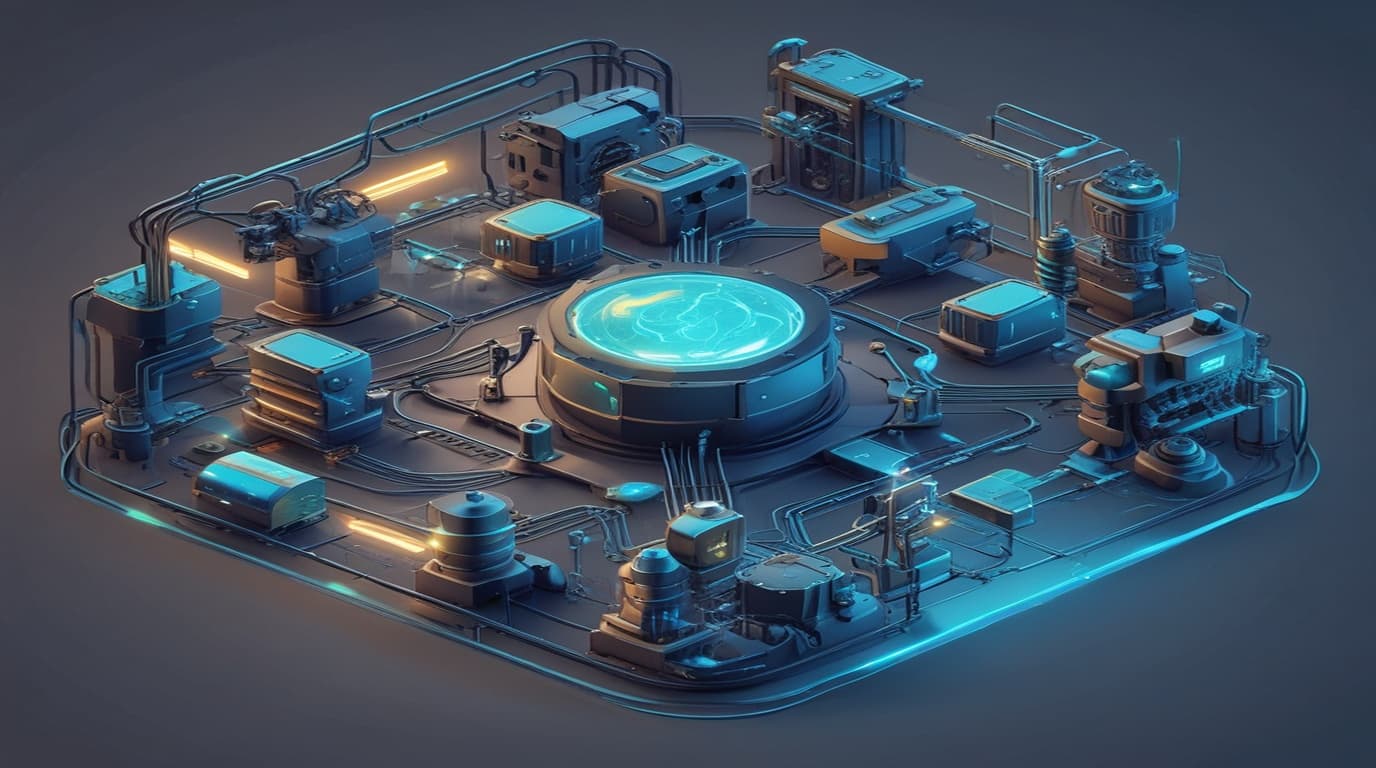 High-tech 3D conceptual cybernetic illustration of enterprise neural network model pipelines and autonomous agent tool-calling gates