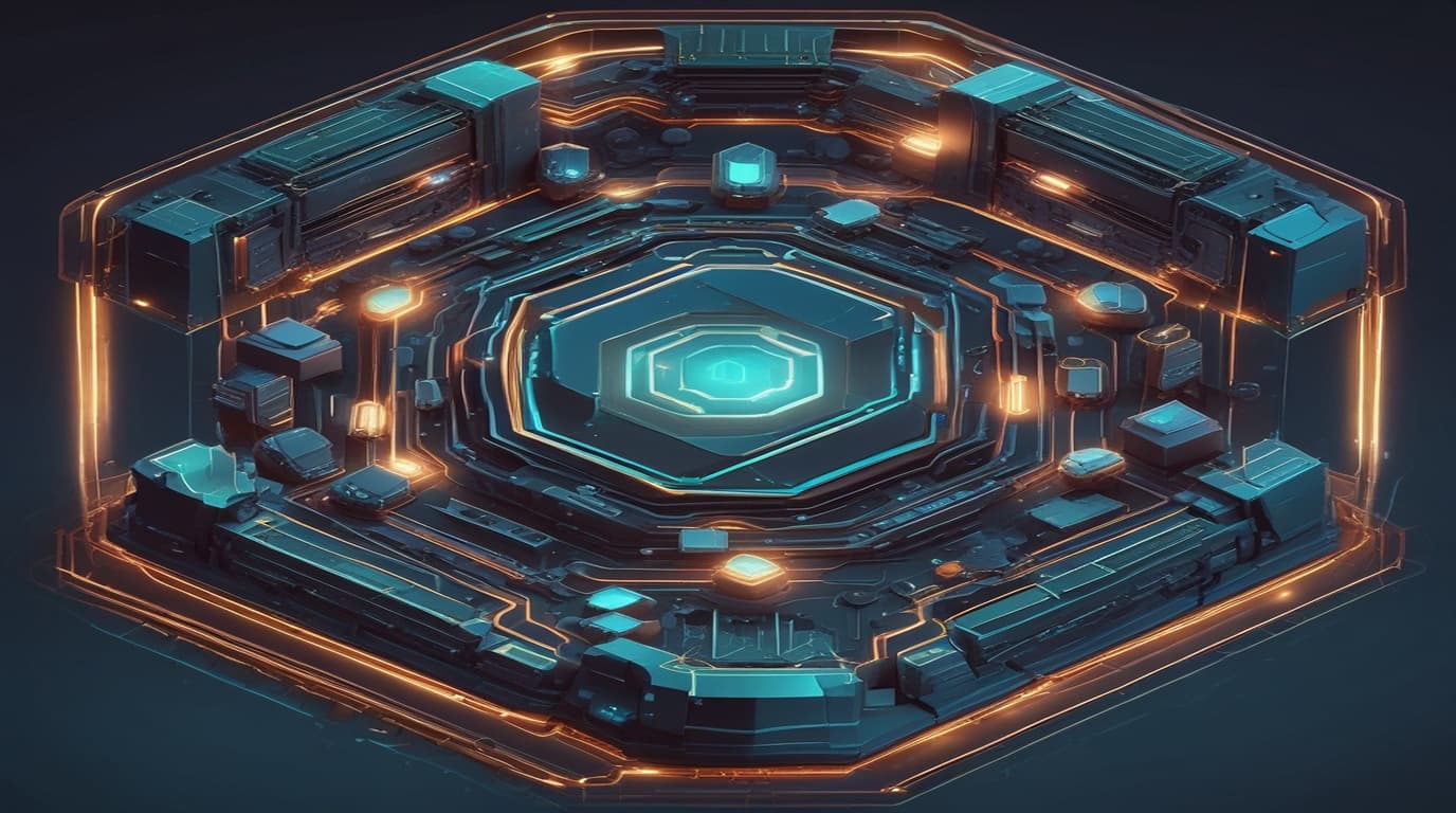 High-tech 3D conceptual cybernetic illustration of post-quantum cryptographic lattice shields protecting high-speed optical data conduits