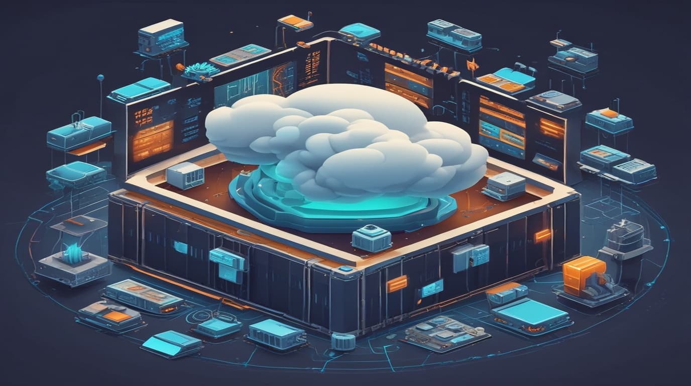 High-tech 3D conceptual cybernetic illustration of cloud container infrastructure undergoing an API breach with malicious process injections