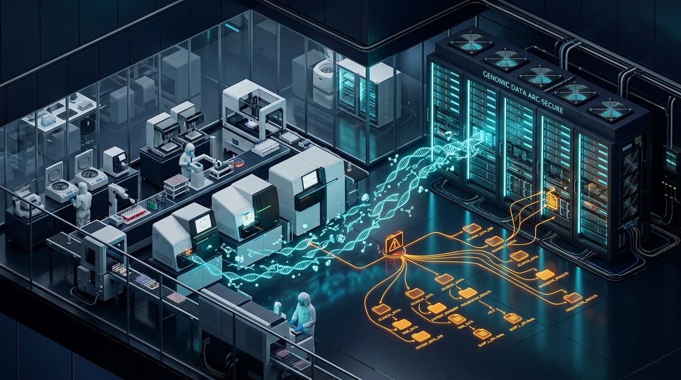 3D isometric high-tech laboratory cybersecurity conceptual illustration representing clinical genomics servers and data traversal vulnerability