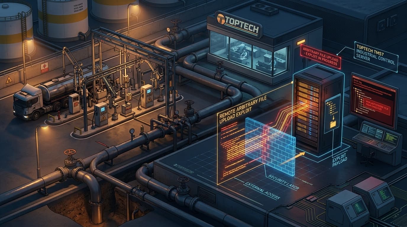 3D conceptual isometric cybernetic technical editorial illustration of oil and gas bulk liquid pipeline terminal, automated fuel custody transfer loading racks, Toptech TMS7 industrial control server