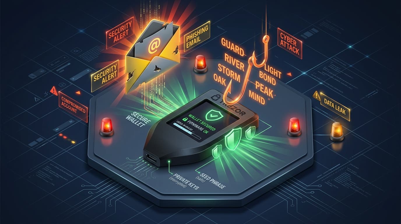 Trezor hardware wallet on dark platform with compromised email envelope and cyber phishing hook targeting mnemonic seed phrases