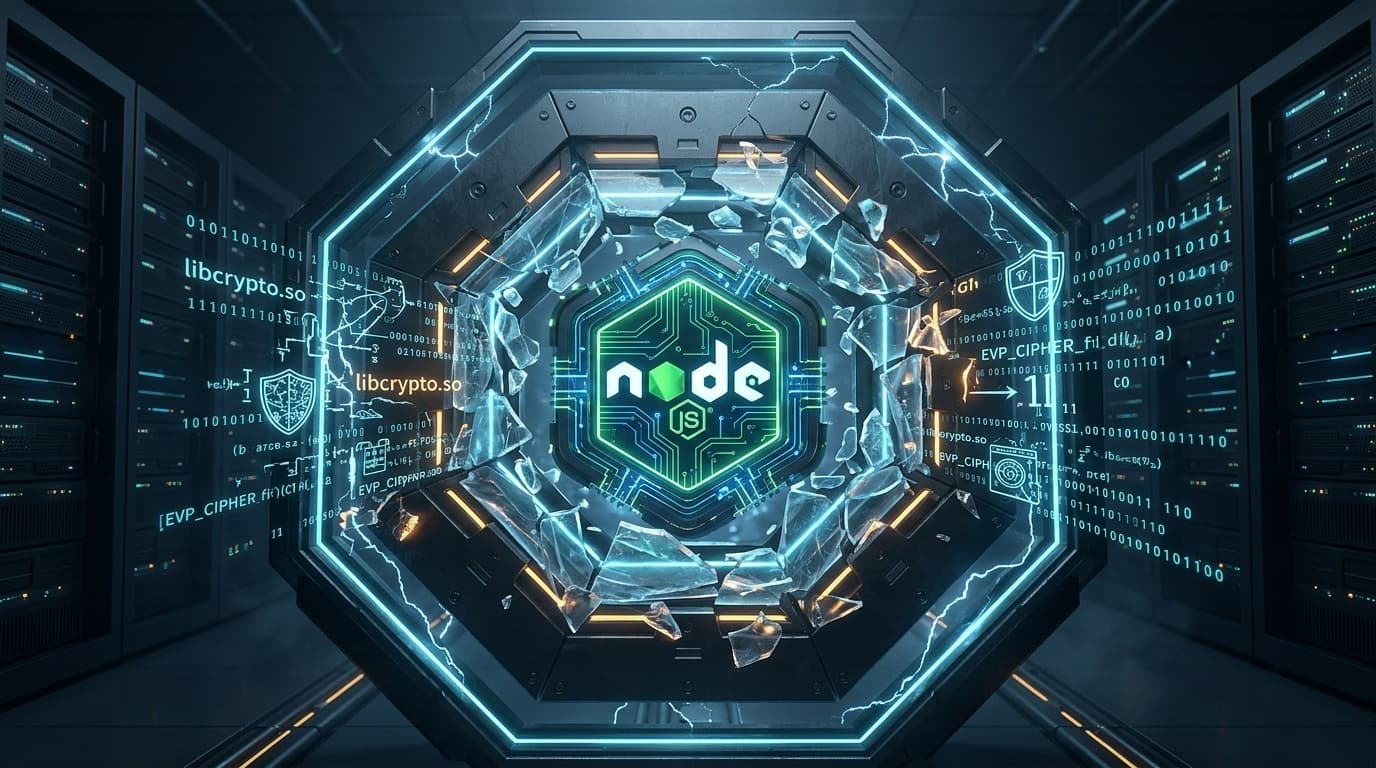 3D conceptual cybernetic illustration of shattered Node.js cryptographic sandbox vault with libcrypto dynamic shared libraries escaping into host server memory