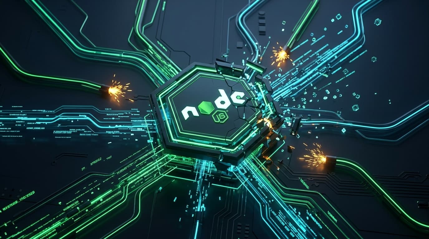 3D conceptual cybernetic illustration of fracturing Node.js core with unauthorized child processes and execArgv command strings escaping into host memory