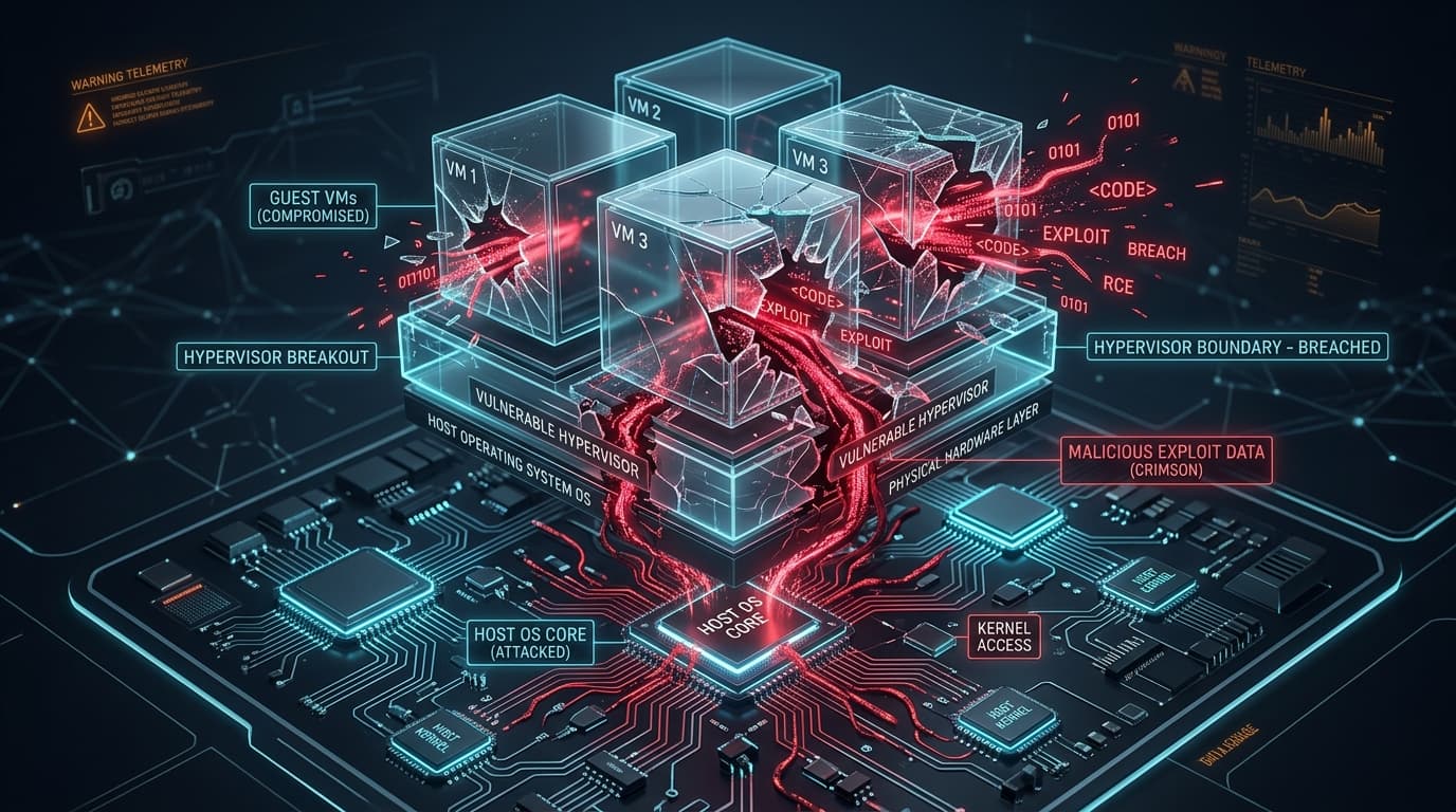 3D conceptual illustration of VMware hypervisor escape vulnerability with malicious data breaking out of guest virtual machines into the underlying host operating system core