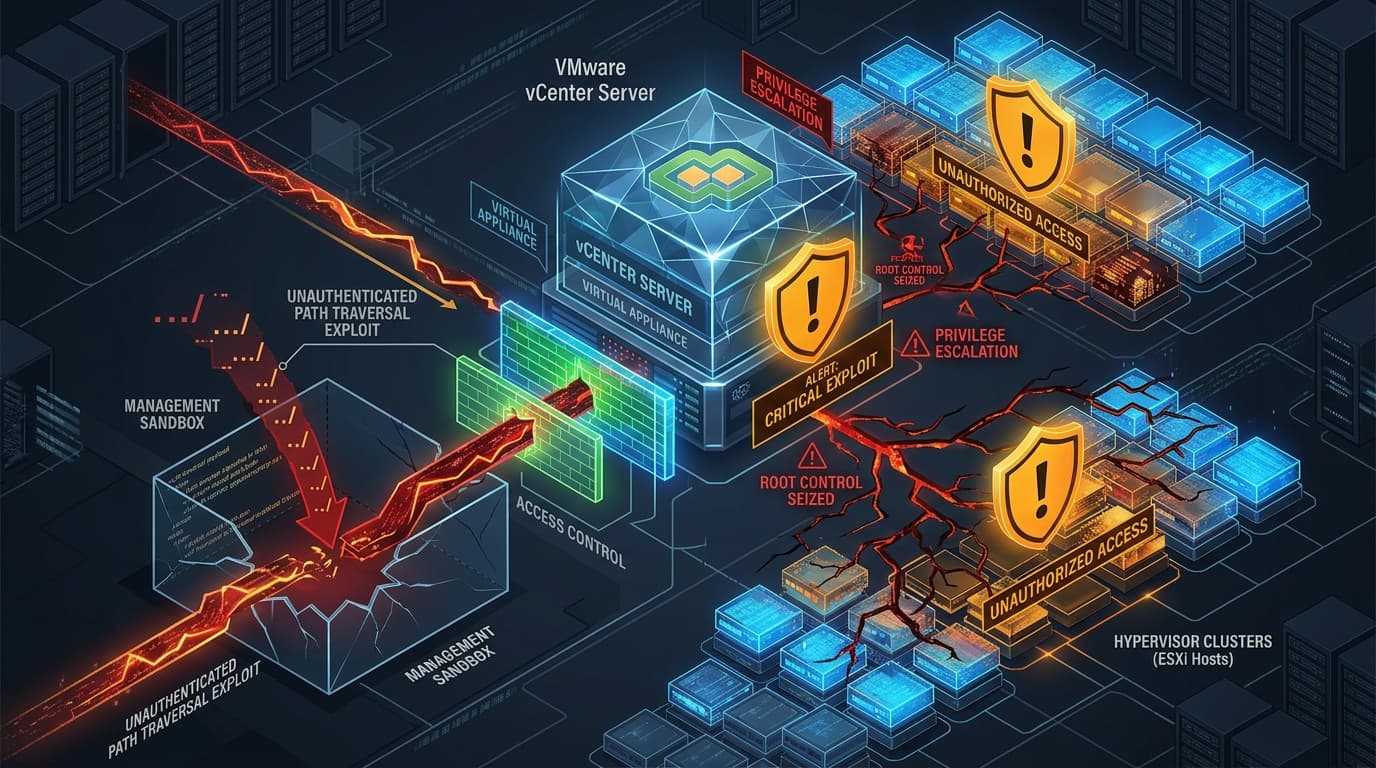 3D conceptual editorial illustration of enterprise VMware vCenter Server virtualization hub undergoing unauthenticated path traversal exploit seizing root control of hypervisor clusters