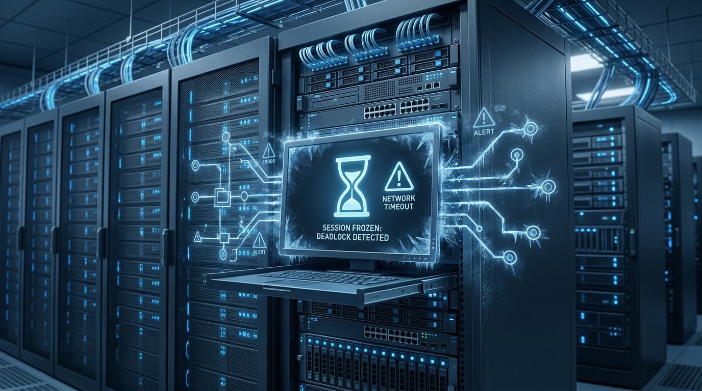 3D conceptual illustration of enterprise Windows Server data center rack and frozen Remote Desktop session monitor with deadlock detected alert