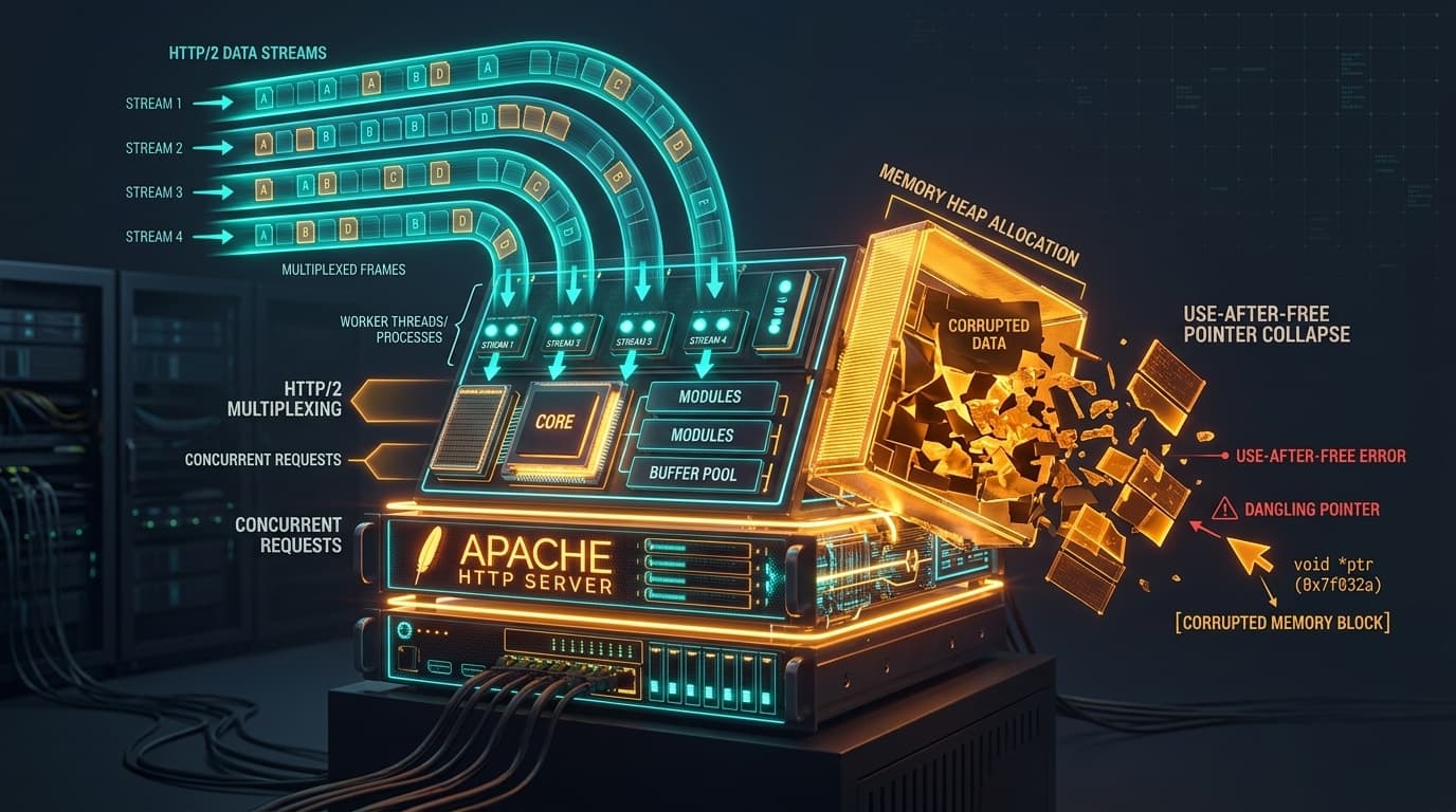 Apache HTTP web server chassis handling concurrent HTTP/2 multiplexed streams with collapsing heap memory blocks and use-after-free pointer corruption