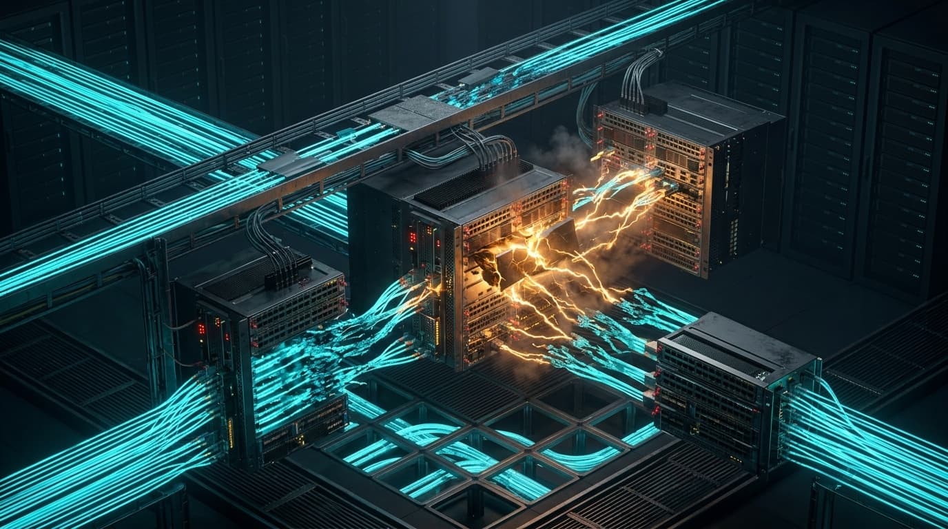 High-tech 3D conceptual illustration of datacenter core switch chassis under critical memory heap overflow attack