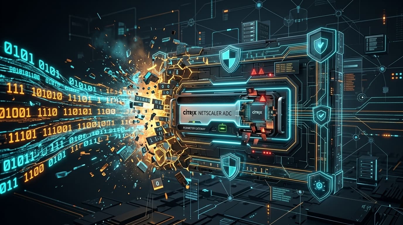 Citrix NetScaler ADC perimeter gateway appliance with fractured glowing binary memory buffers under cybernetic attack