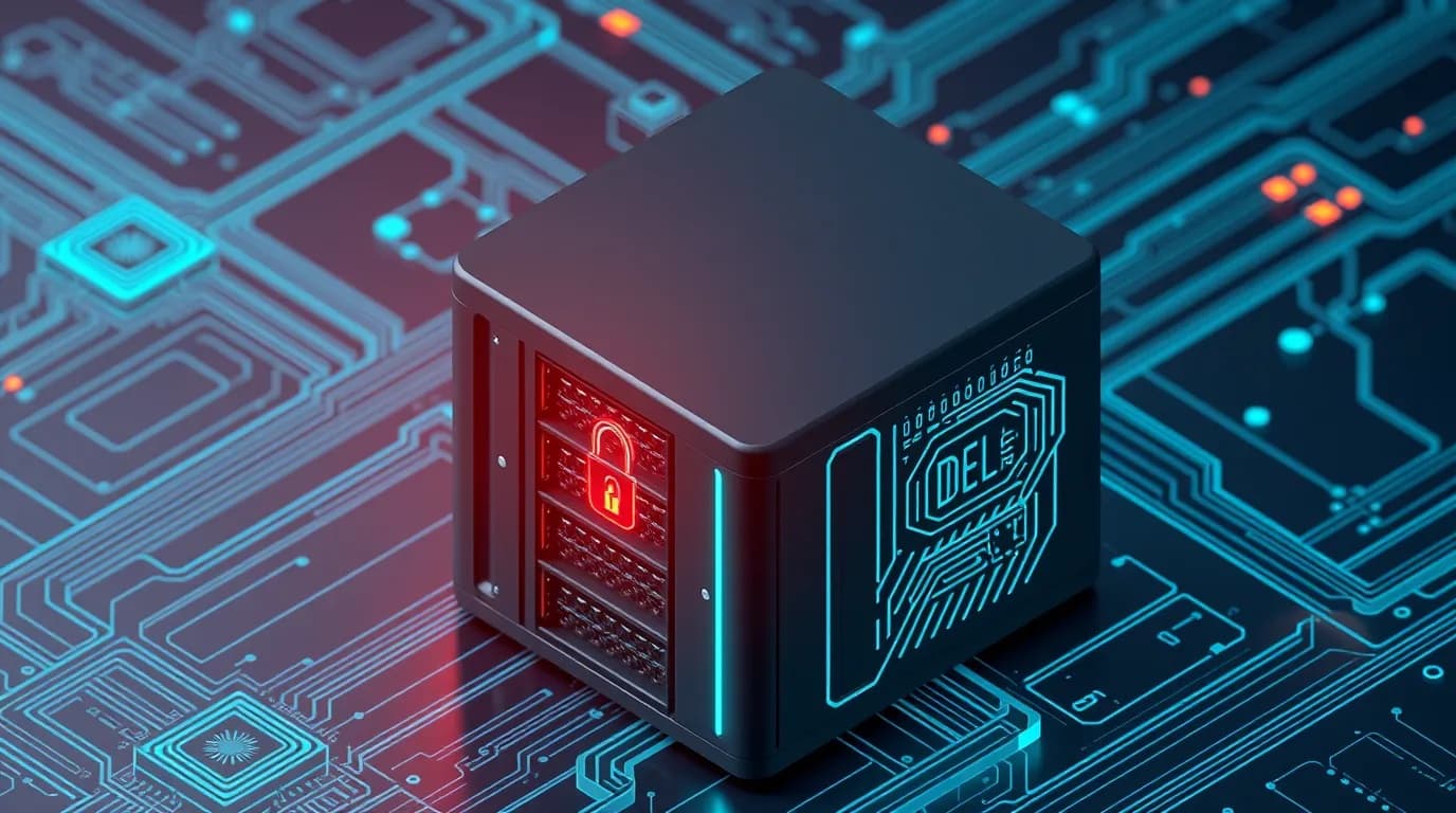 High-tech 3D conceptual cybernetic editorial illustration of Dell PowerProtect Data Domain, Feature Release ver Authentication Bypass vulnerability and enterprise defense