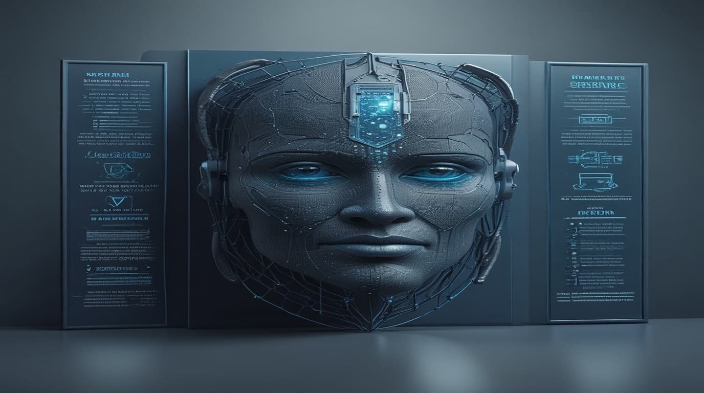 High-tech 3D conceptual cybernetic illustration of digital privacy shield and biometric facial data mesh nodes under judicial legal examination