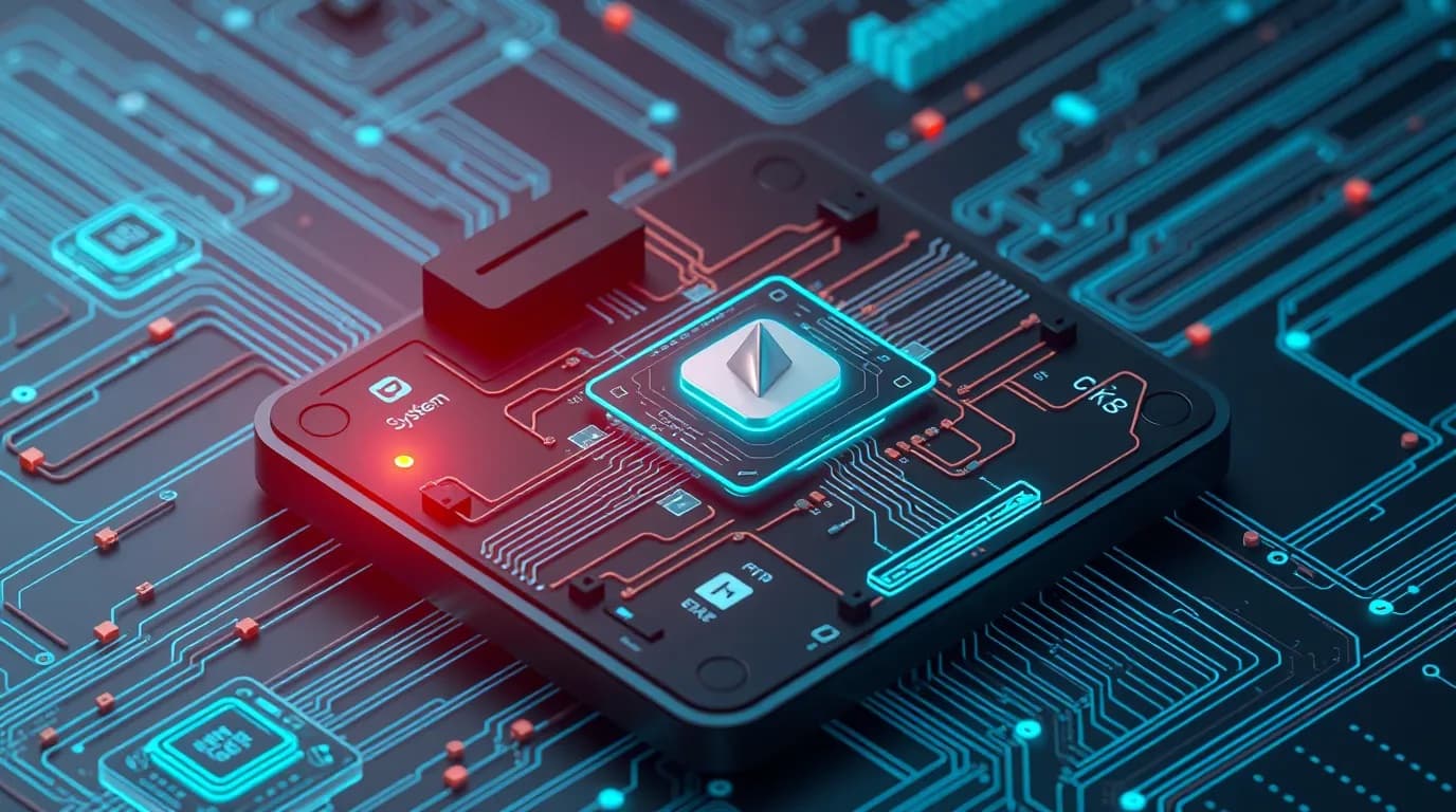 High-tech 3D conceptual cybernetic editorial illustration of The system control service on affected Kiloview E3 OS Command Injection vulnerability and enterprise defense