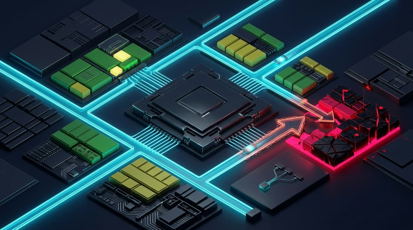 3D conceptual visualization of operating system memory layout and untrusted pointer dereference leading to memory redirection