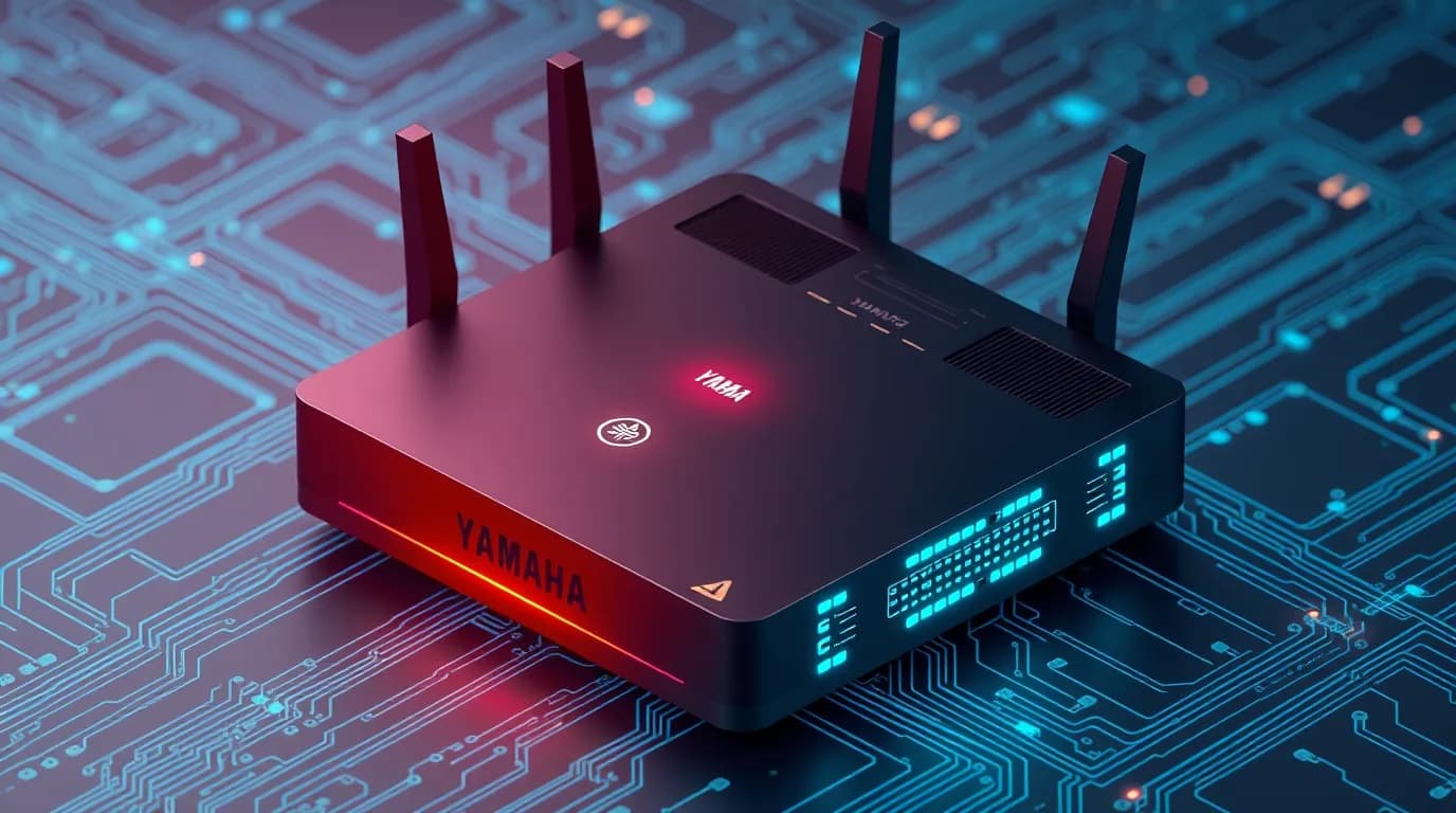 High-tech 3D conceptual cybernetic editorial illustration of Yamaha wireless LAN router NWR100 provided by Yama OS Command Injection vulnerability and enterprise defense