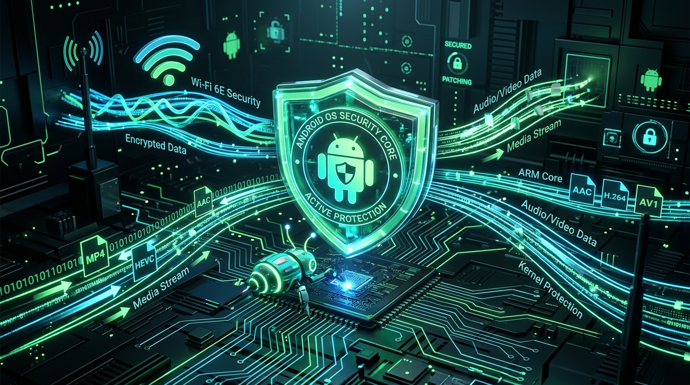 3D conceptual illustration of Google Android security shield defending mobile operating system core against zero-click remote execution exploit payloads