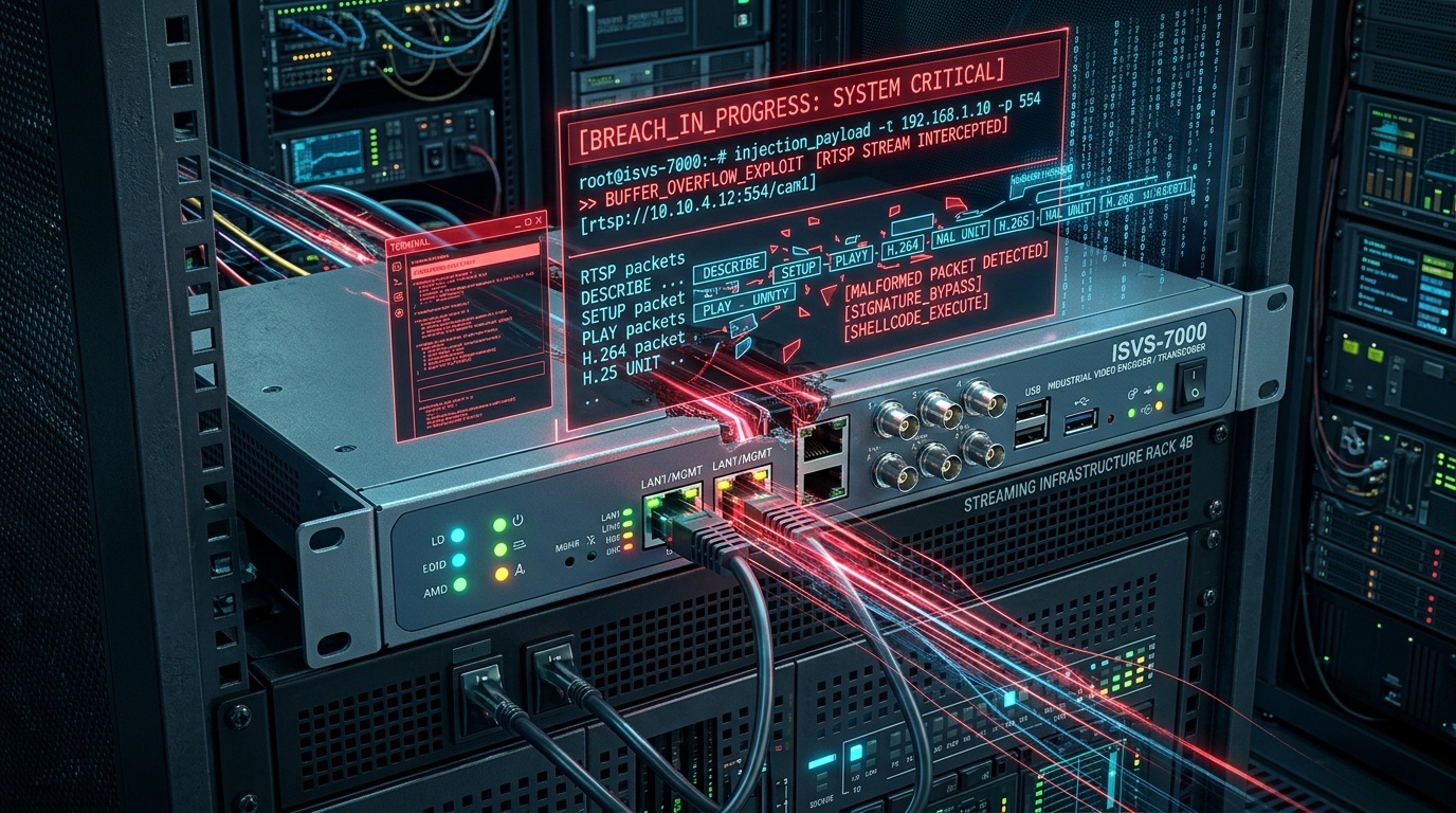3D cybernetic illustration of rackmount industrial video streaming transcoder appliance with glowing terminal breach alerts and intercepted RTSP data streams