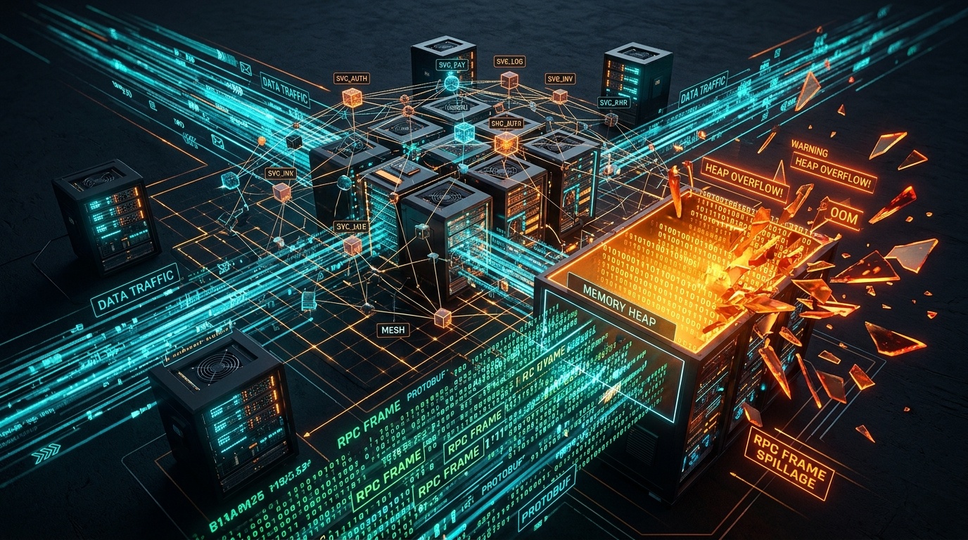 Enterprise cloud microservices network with overflowing memory heap blocks and fragmented binary RPC frames under cyber attack