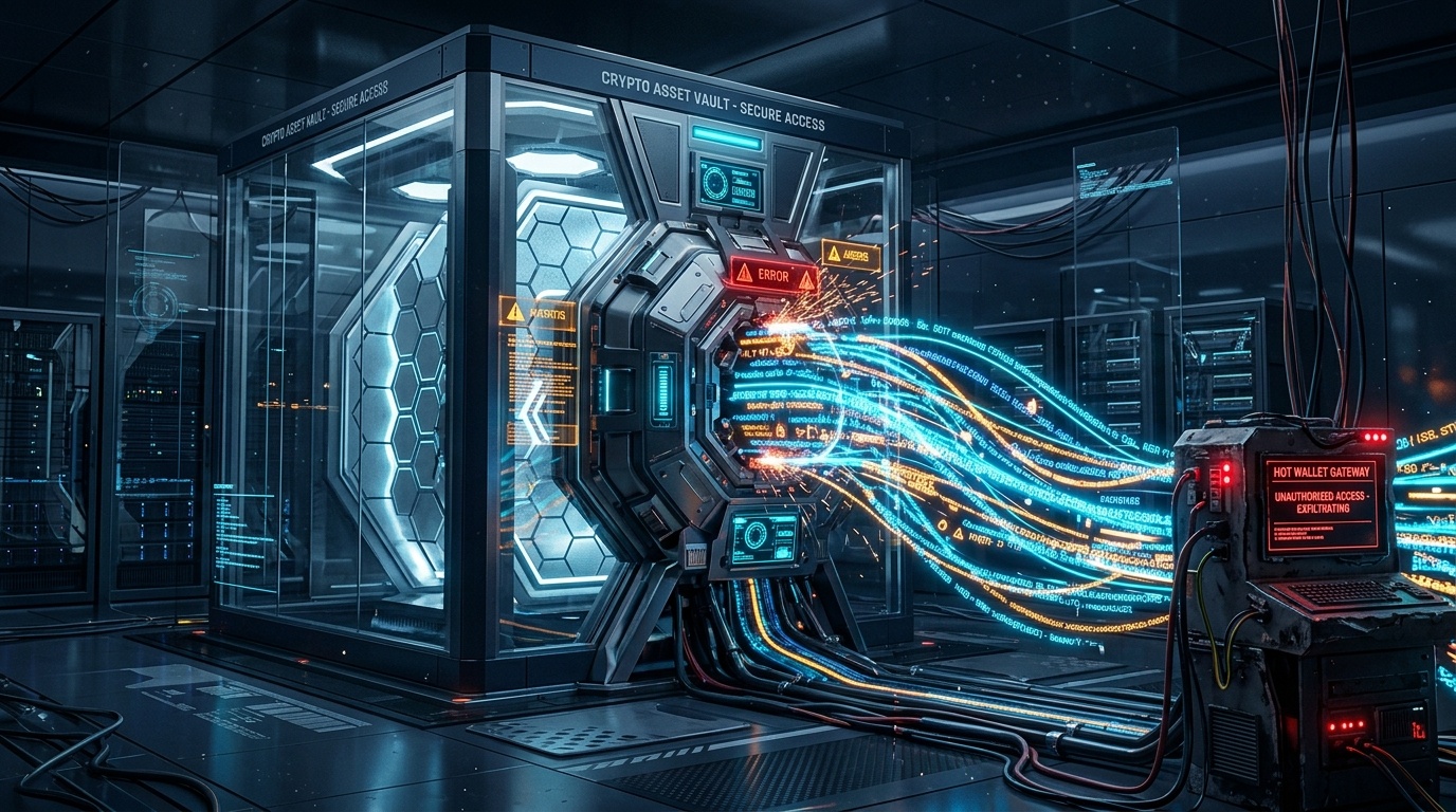 Cryptocurrency digital asset vault breach with neon data streams exfiltrating through compromised perimeter appliance