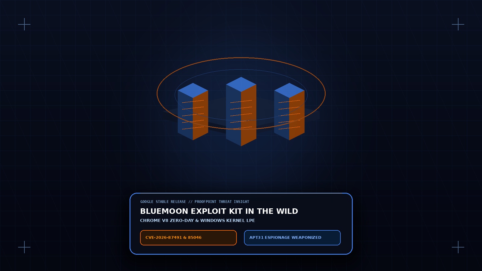 3D isometric visualization of Google Chrome V8 engine exploitation chained into Windows kernel memory sandbox breakout