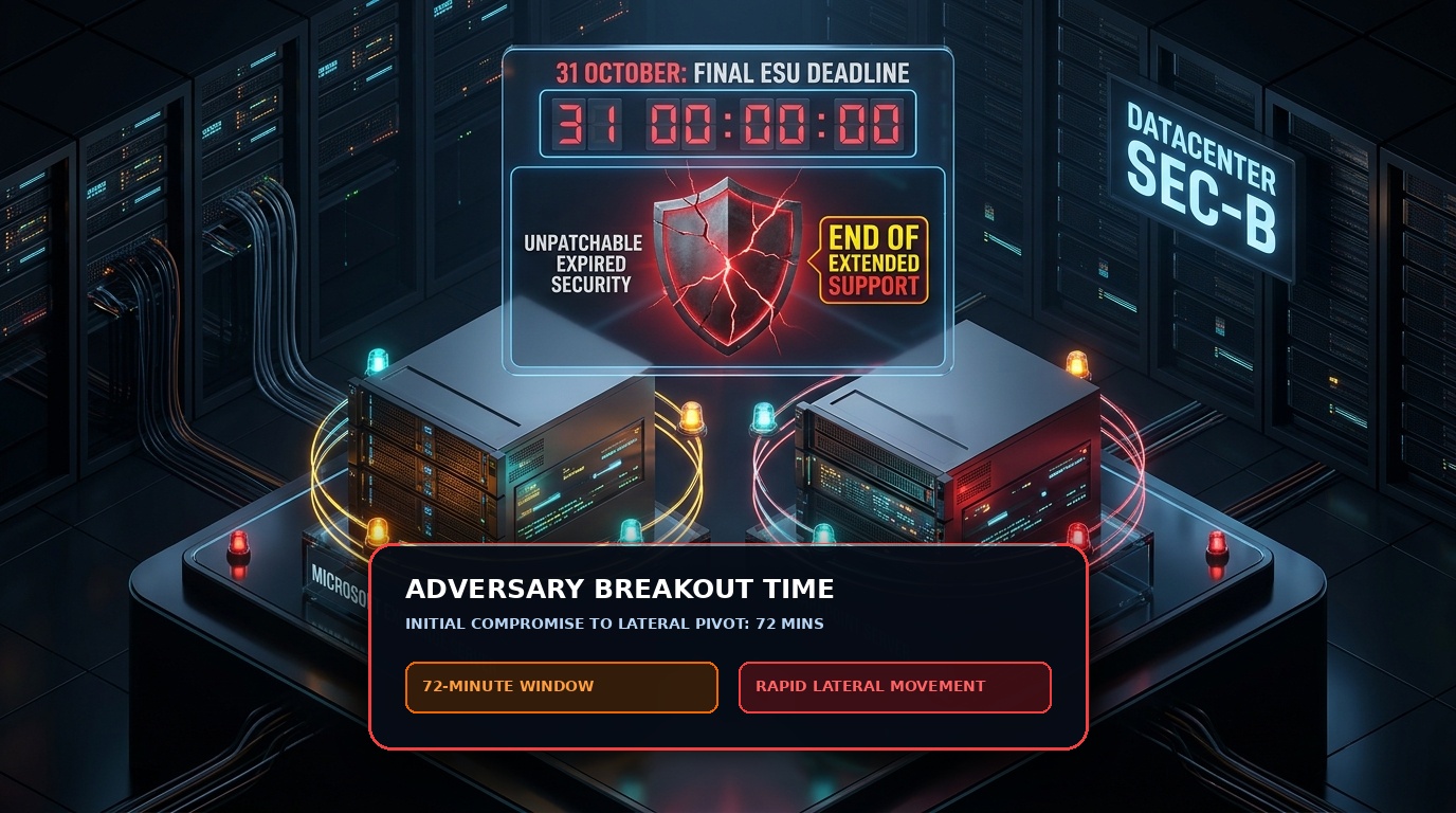 3D conceptual illustration of 72-minute adversary breakout time window from initial access to lateral movement