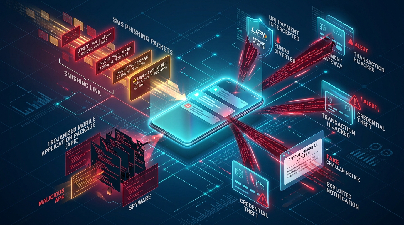 3D conceptual illustration of CERT-In mobile cyber alert showing SMS smishing packets unfolding into a trojanized Android APK intercepting UPI payments and banking credentials