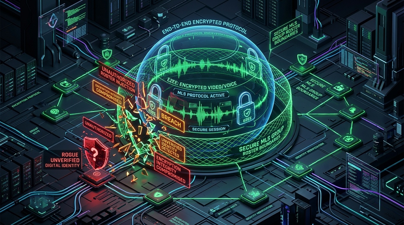 3D conceptual cybernetic illustration of end-to-end encrypted messaging protocol security and unauthorized roster injection
