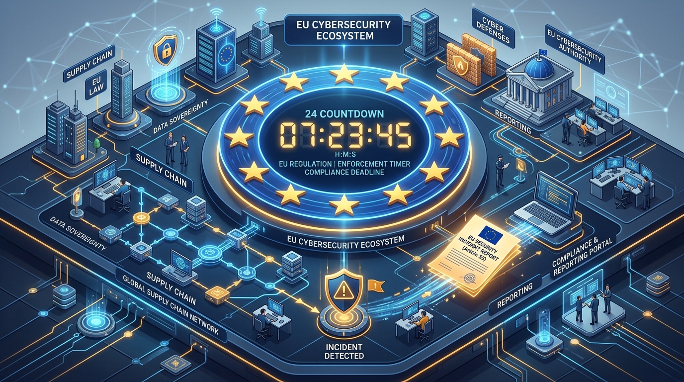 3D isometric conceptual illustration of European Union cybersecurity regulation with 24-hour countdown timer and software supply chain nodes