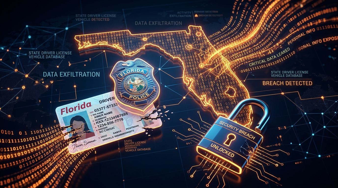 3D conceptual illustration of Florida law enforcement police badge, state driver license database and unlocked padlock indicating data exfiltration