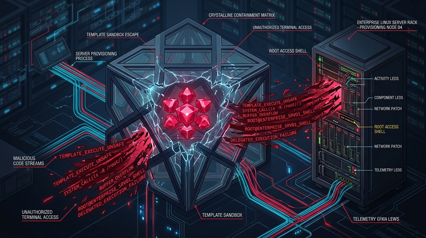 3D conceptual cybernetic illustration of Ruby gemstone matrix breaking out of crystalline template sandbox into enterprise Linux server provisioning rack
