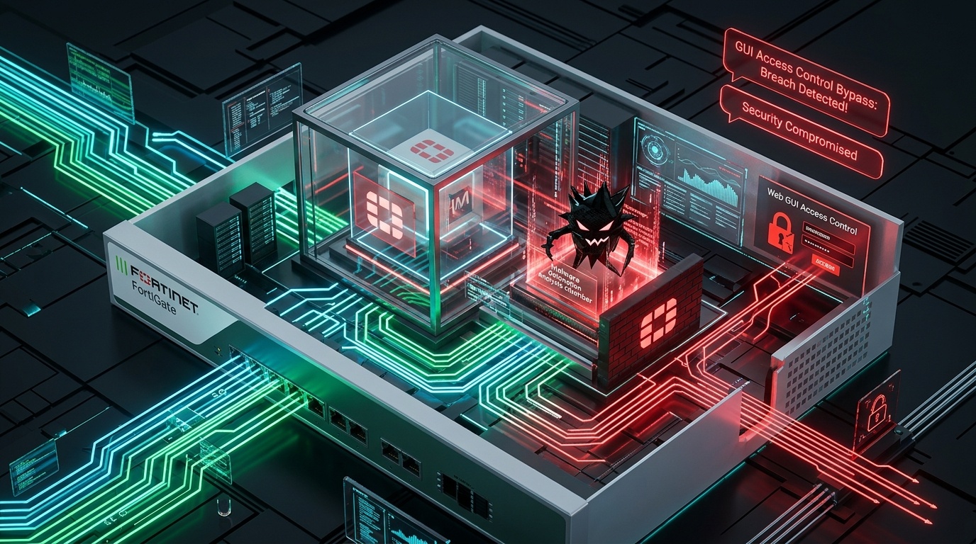 3D conceptual isometric cybernetic technical editorial illustration of Fortinet FortiSandbox security appliance, malware detonation analysis chamber, web GUI access control bypass breach